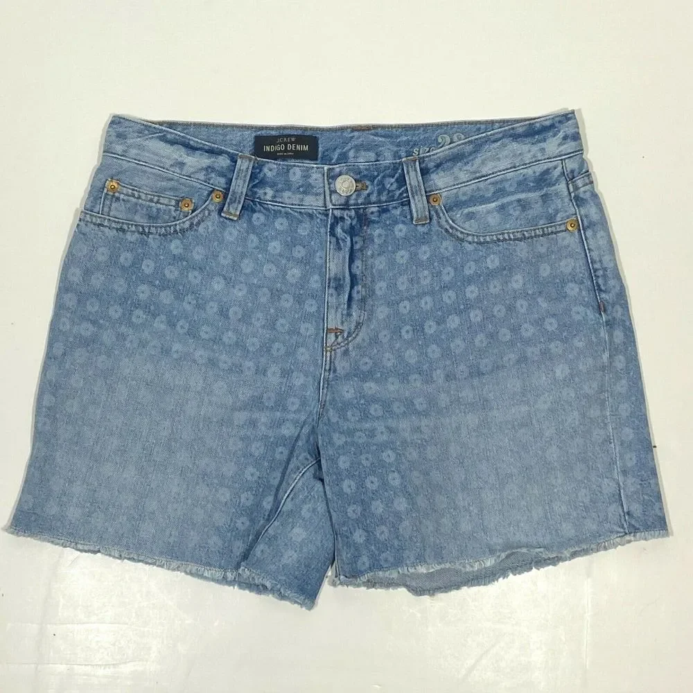 J. Crew Indigo Denim Print Raw Hem Women's Jean Shorts Size 28